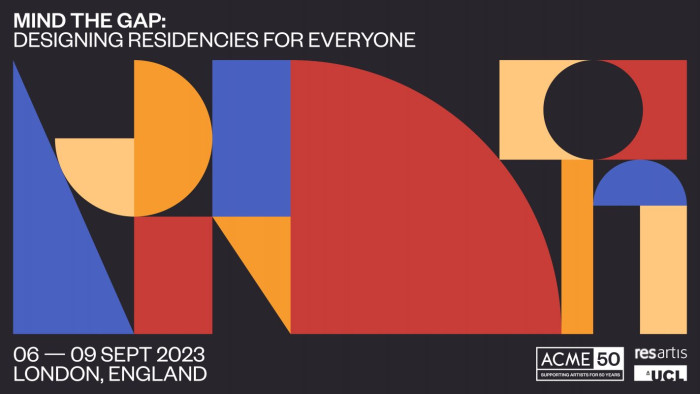 abstract colour block shapes in red, blue, yellow and orange on a black background with the details of the event time and place included in white text.