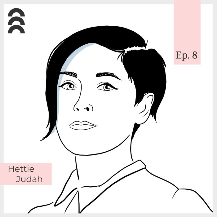 Line drawing of a woman with black side-parted hair falling in a long fringe over the side of her face. Hettie Judah - Episode 8.