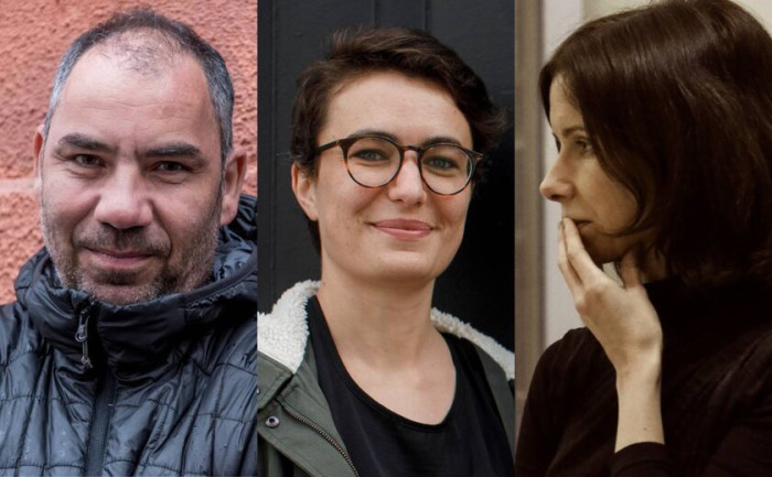 Photo of the speakers, Balasz is facing the camera with a red brick background, In the middle is Marie Fol with short dark hair and glasses, Marie La Sourd is on the right with a hand to her mouth 