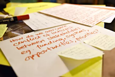 A table covered with notes and post-its from a workshop/discussion at COP21. 