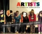 Cover for Practical Guide for Artists Working in Education Centers. Photograph of a line of children doing a workshop or performance.