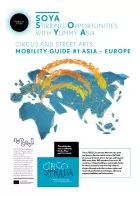 Cover for SOYA Mobility Guide. Title text with a graphic of a world map where arcing, stew-like, yummy liquids connect Europe and Asia.