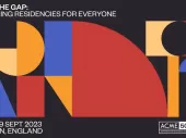 abstract colour block shapes in red, blue, yellow and orange on a black background with the details of the event time and place included in white text.