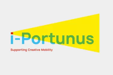 Logo for i-Portunus. Spells out the name and then the dot on the i is the lens of a lighthouse, projecting a bright yellow cone.