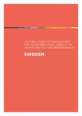 Cover for Sweden Mobility Guide. White title text on a red-orange background with a thin rainbow strip running across the top.