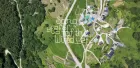 Teal and navy roofs of a small cluster of houses in a verdant green landscape - overhead shot of a South Korean fishing village.